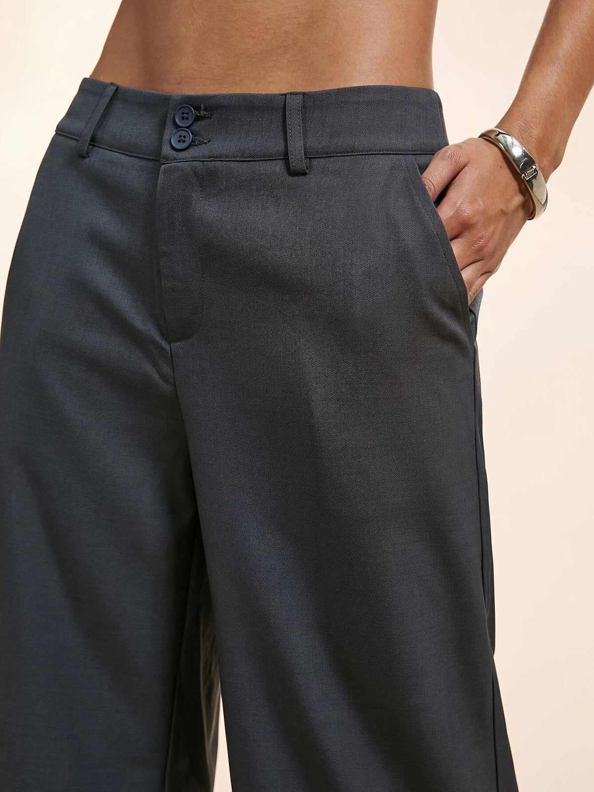 Tailored Low Rise Double Button Wide Leg Trousers - Grey - 4