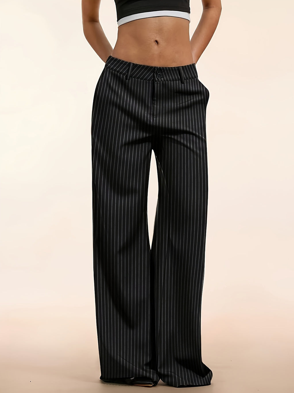 Tailored Low Rise Double Button Wide Leg Trousers - Stripe
