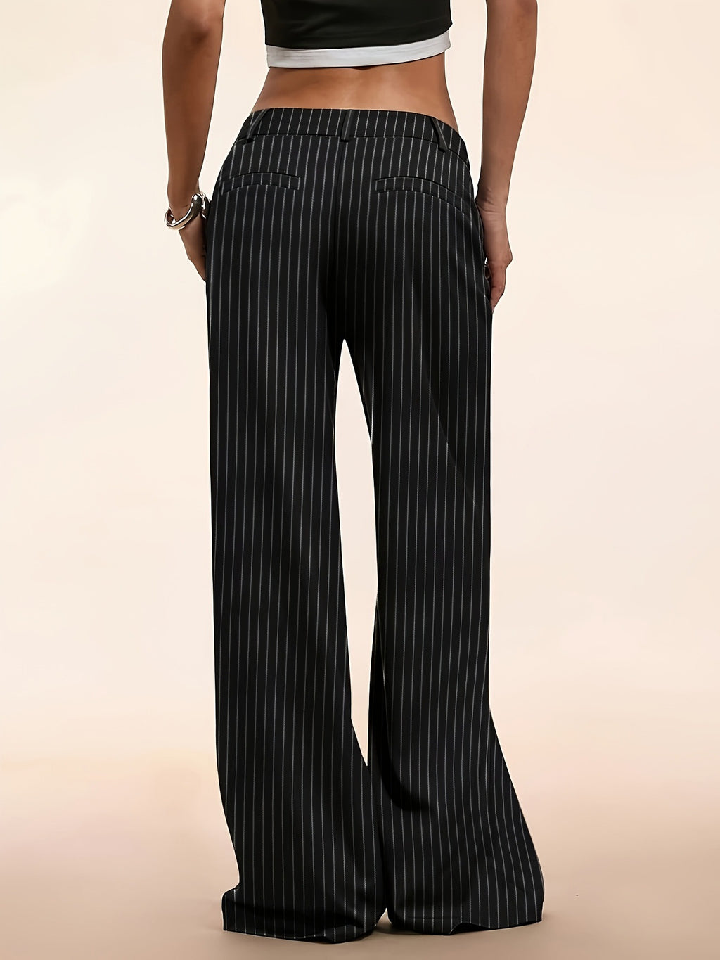 Tailored Low Rise Double Button Wide Leg Trousers - Stripe - 2