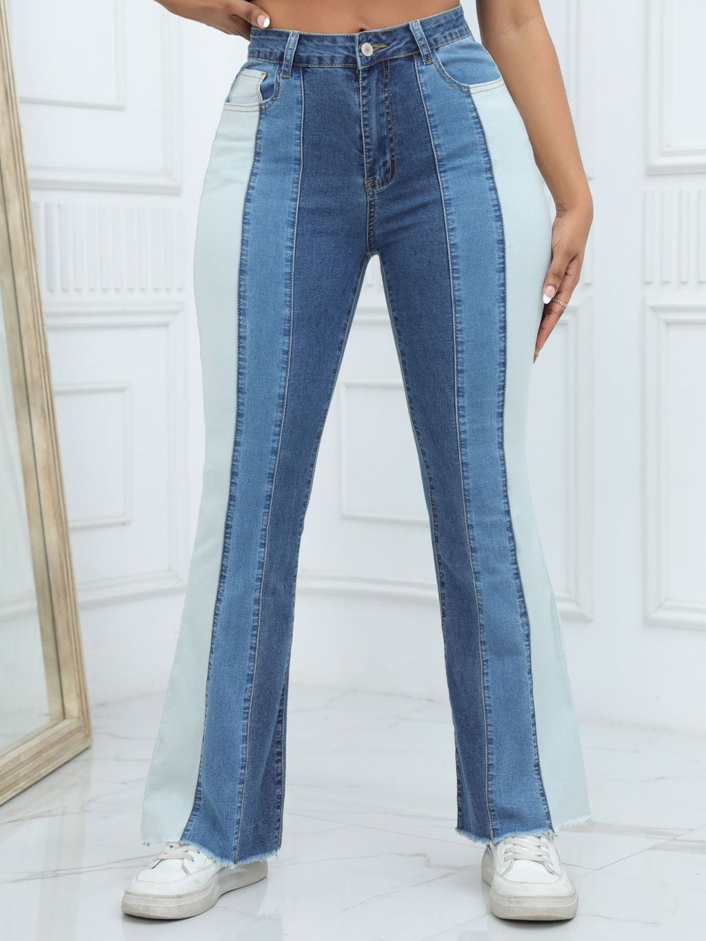 Two-Tone Panel High Rise Flared Jeans - Blue