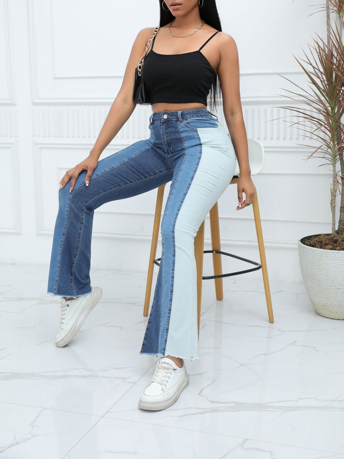Two-Tone Panel High Rise Flared Jeans - Blue - 2