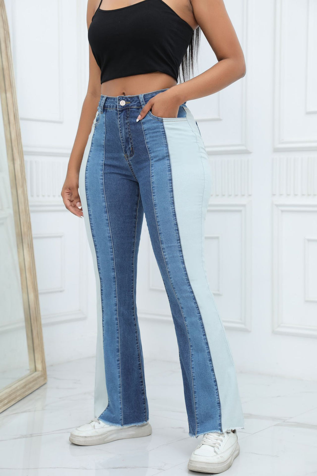 Two-Tone Panel High Rise Flared Jeans - Blue - 4