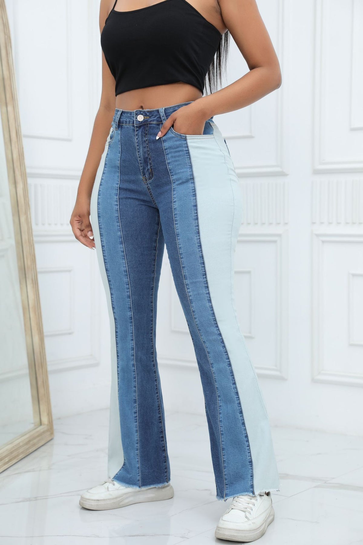 Two-Tone Panel High Rise Flared Jeans - Blue - 4