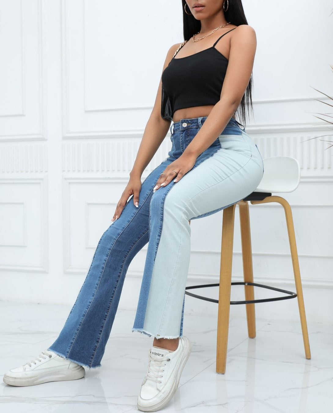 Two-Tone Panel High Rise Flared Jeans - Blue - 5