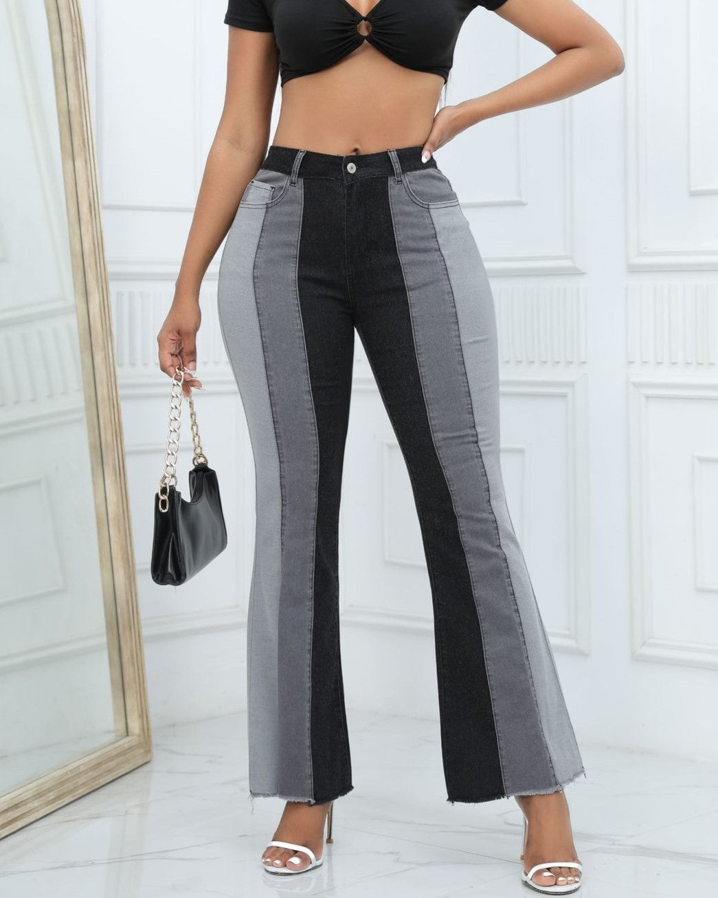 Two-Tone Panel High Rise Flared Jeans - view 1