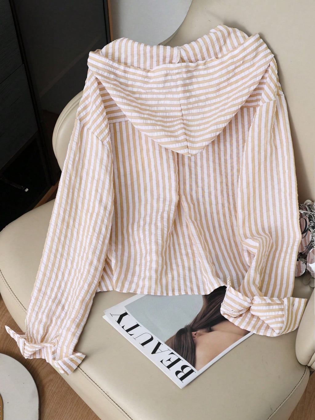 Hooded Striped Button Up Beach Shirt - Apricot - 2