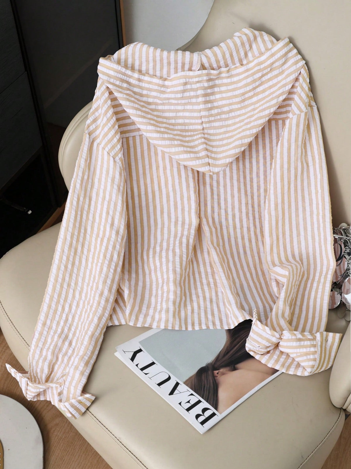Hooded Striped Button Up Beach Shirt - Apricot - 2