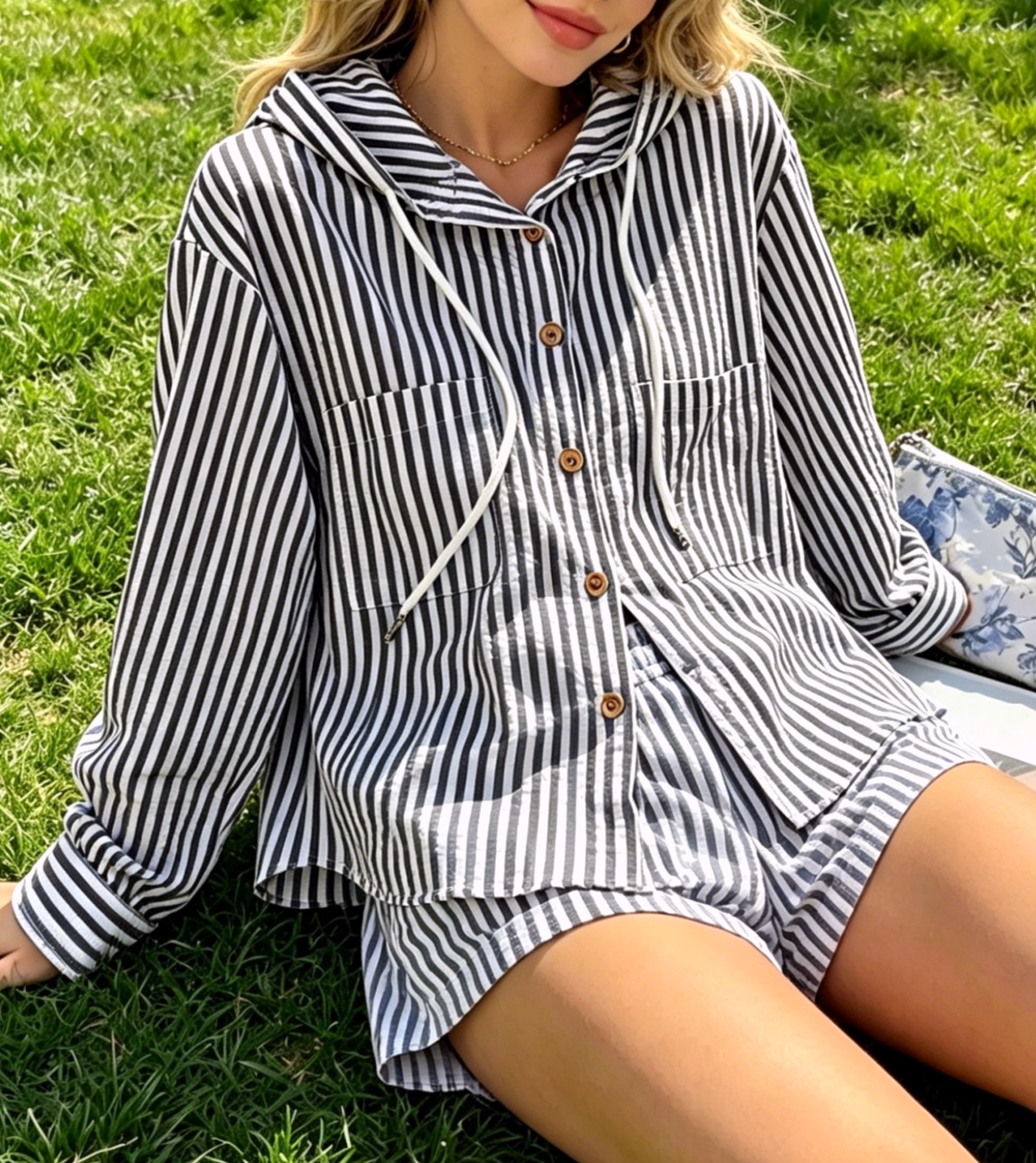 Hooded Striped Button Up Beach Shirt - Black - 1