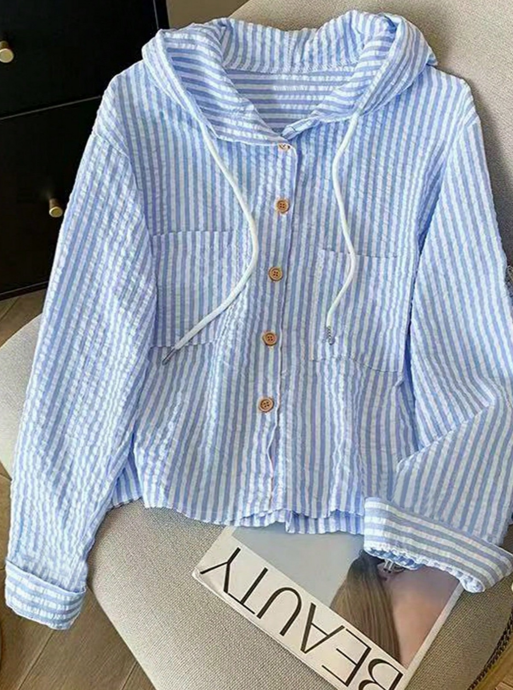 Hooded Striped Button Up Beach Shirt - Blue