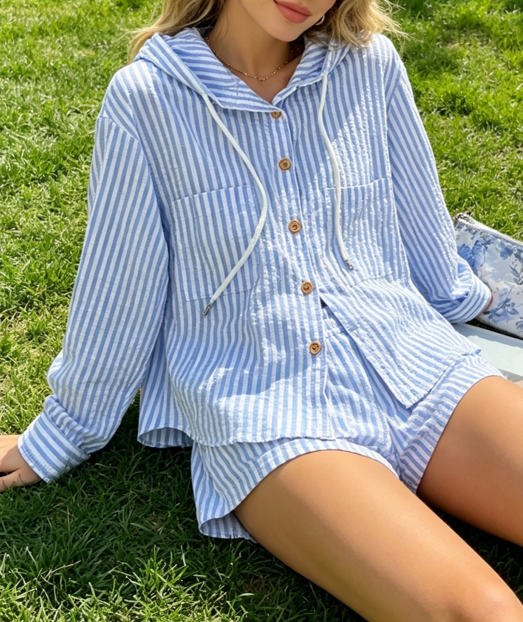 Hooded Striped Button Up Beach Shirt - Blue - 1
