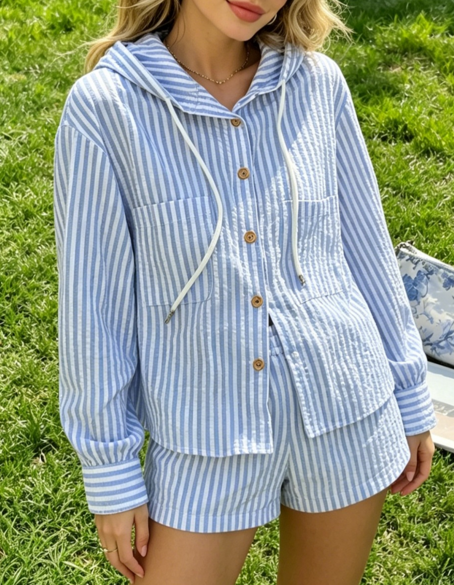 Hooded Striped Button Up Beach Shirt - Blue - 2