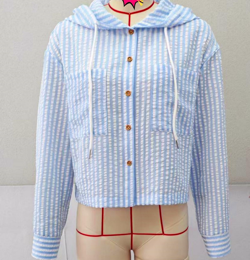 Hooded Striped Button Up Beach Shirt - Blue - 3