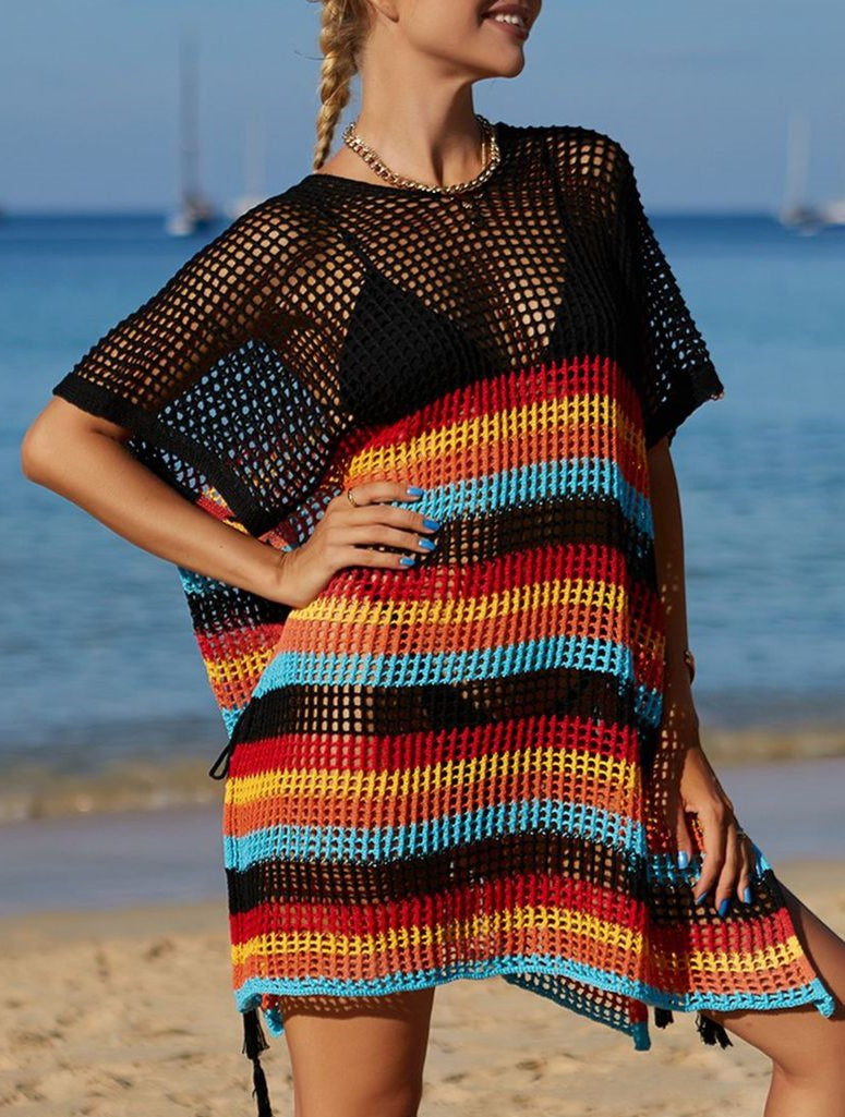 Striped Crochet Tassel Beach Cover Up - Black