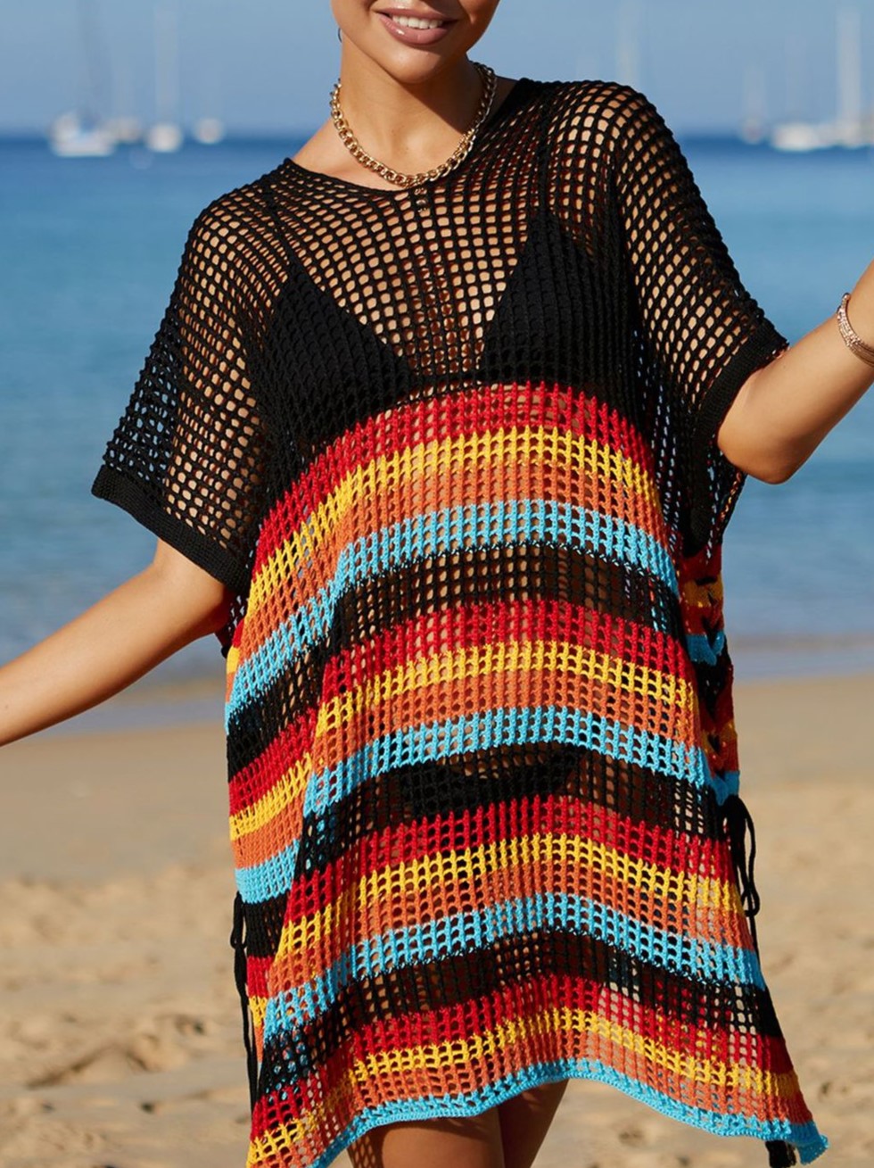Striped Crochet Tassel Beach Cover Up - Black - 2