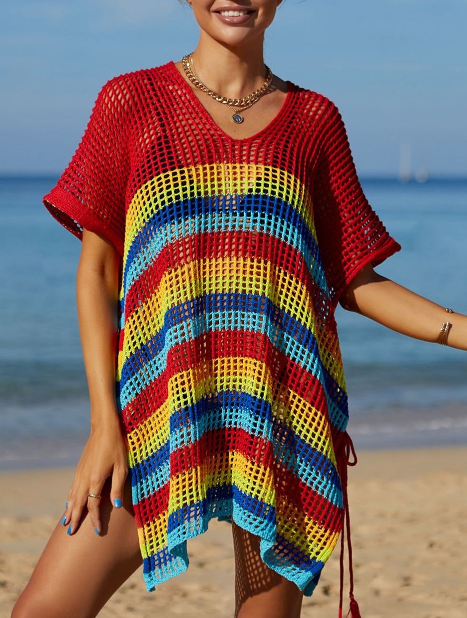 Striped Crochet Tassel Beach Cover Up - Red