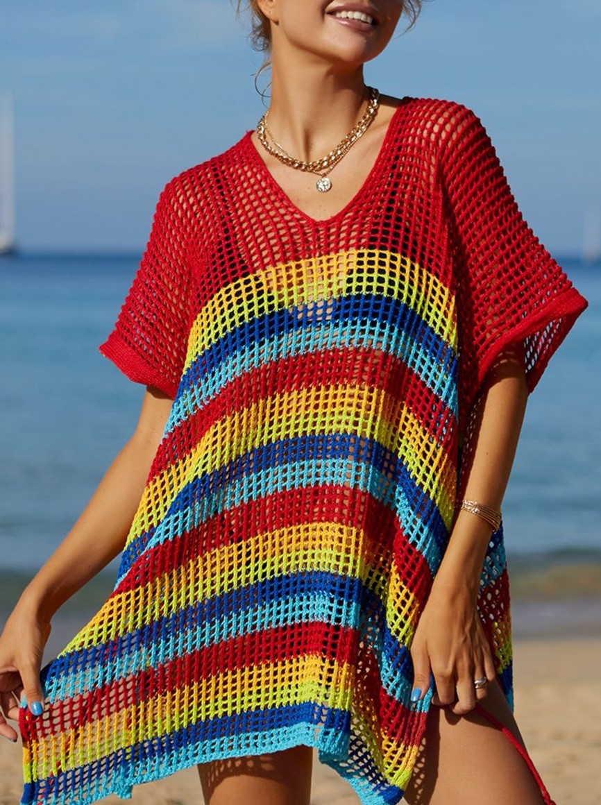 Striped Crochet Tassel Beach Cover Up - Red - 1