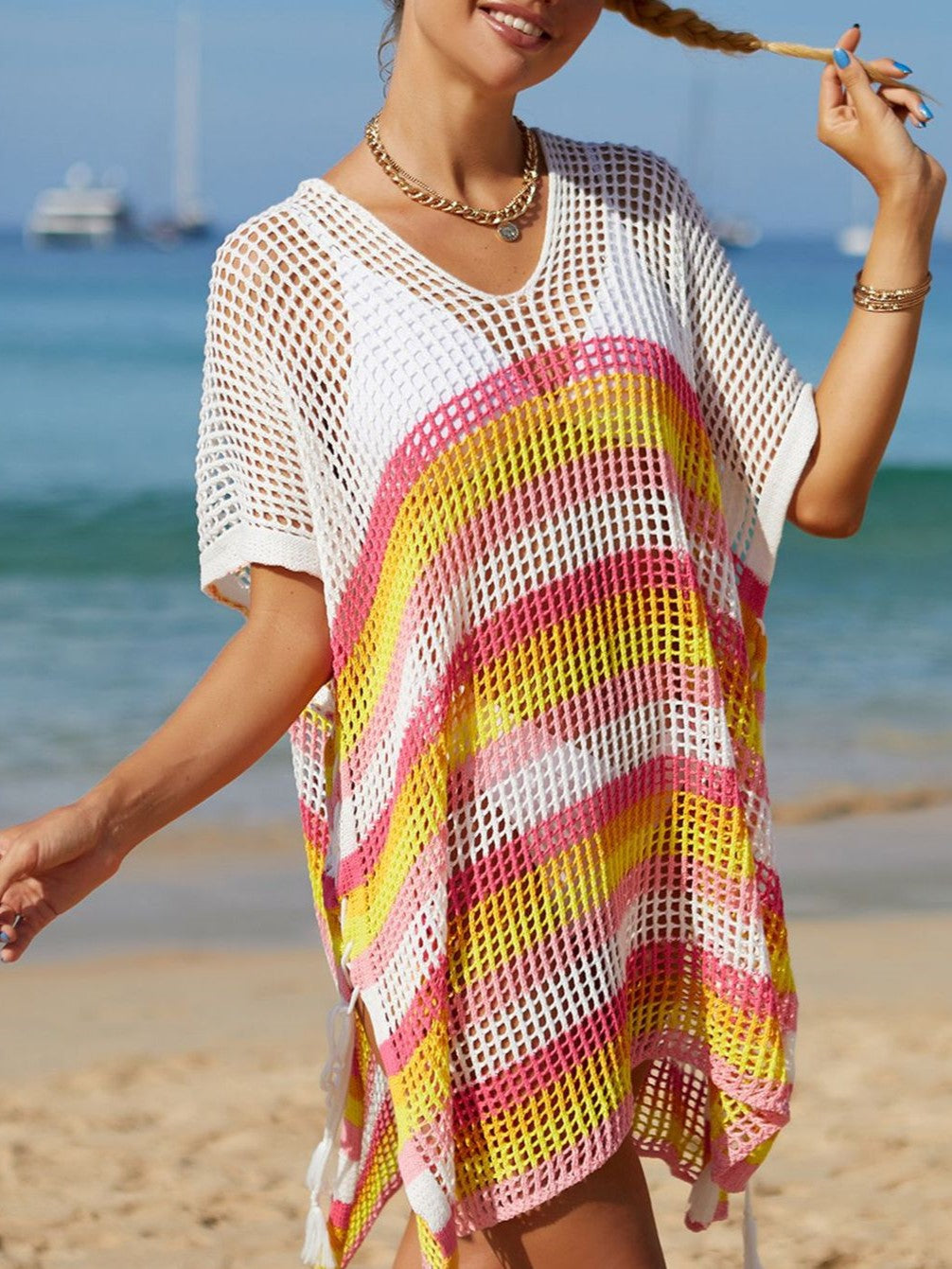 Striped Crochet Tassel Beach Cover Up - Rosered - 1