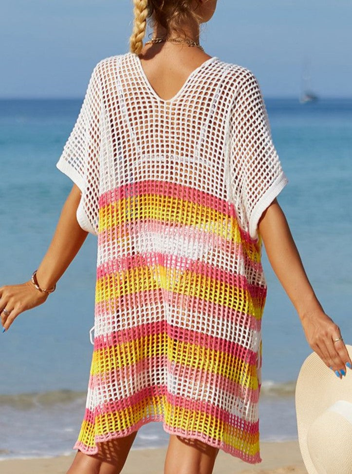 Striped Crochet Tassel Beach Cover Up - Rosered - 2