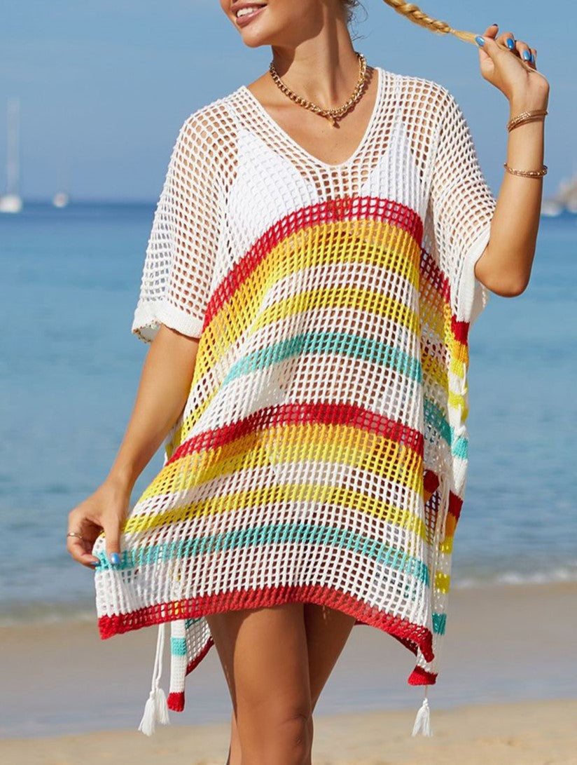 Striped Crochet Tassel Beach Cover Up - White
