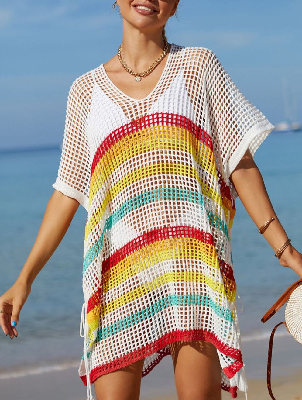 Striped Crochet Tassel Beach Cover Up - White - 1