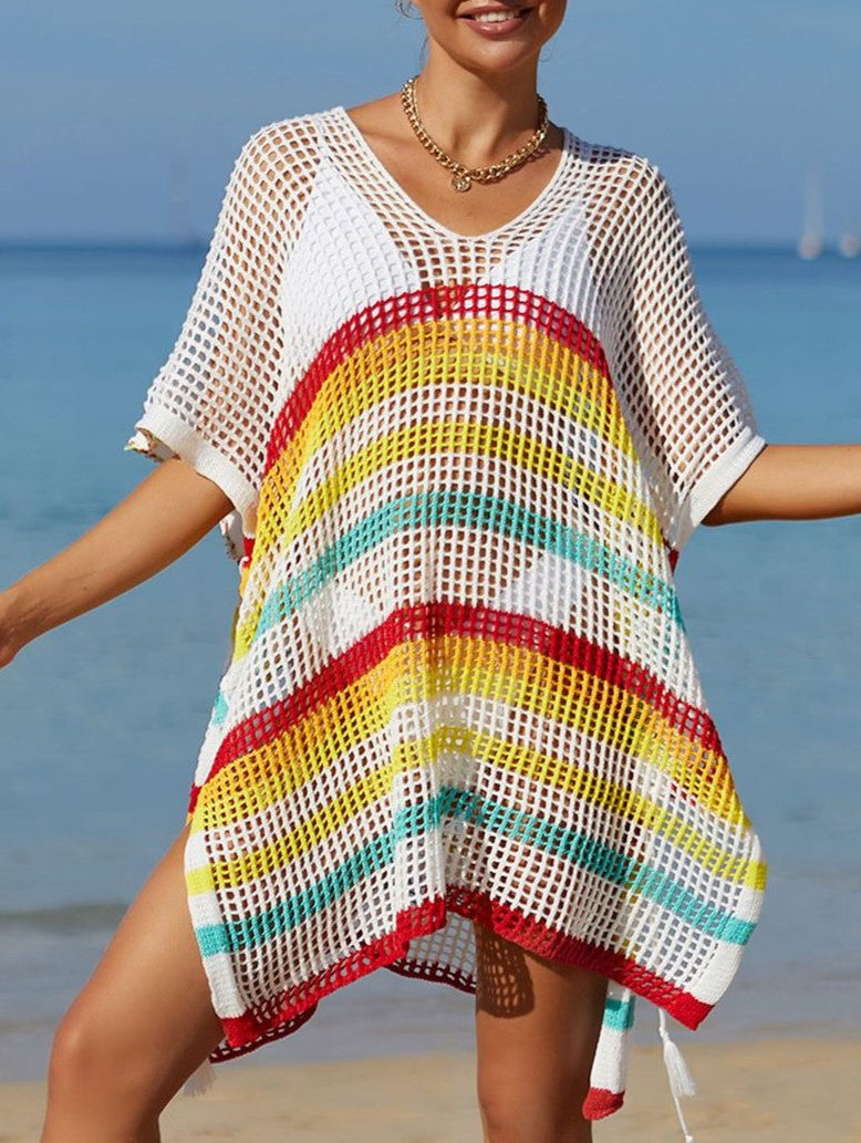 Striped Crochet Tassel Beach Cover Up - White - 2