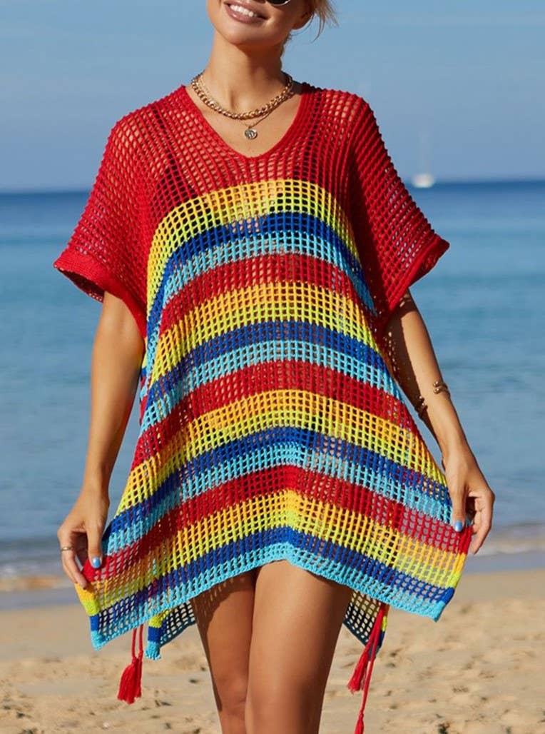Striped Crochet Tassel Beach Cover Up