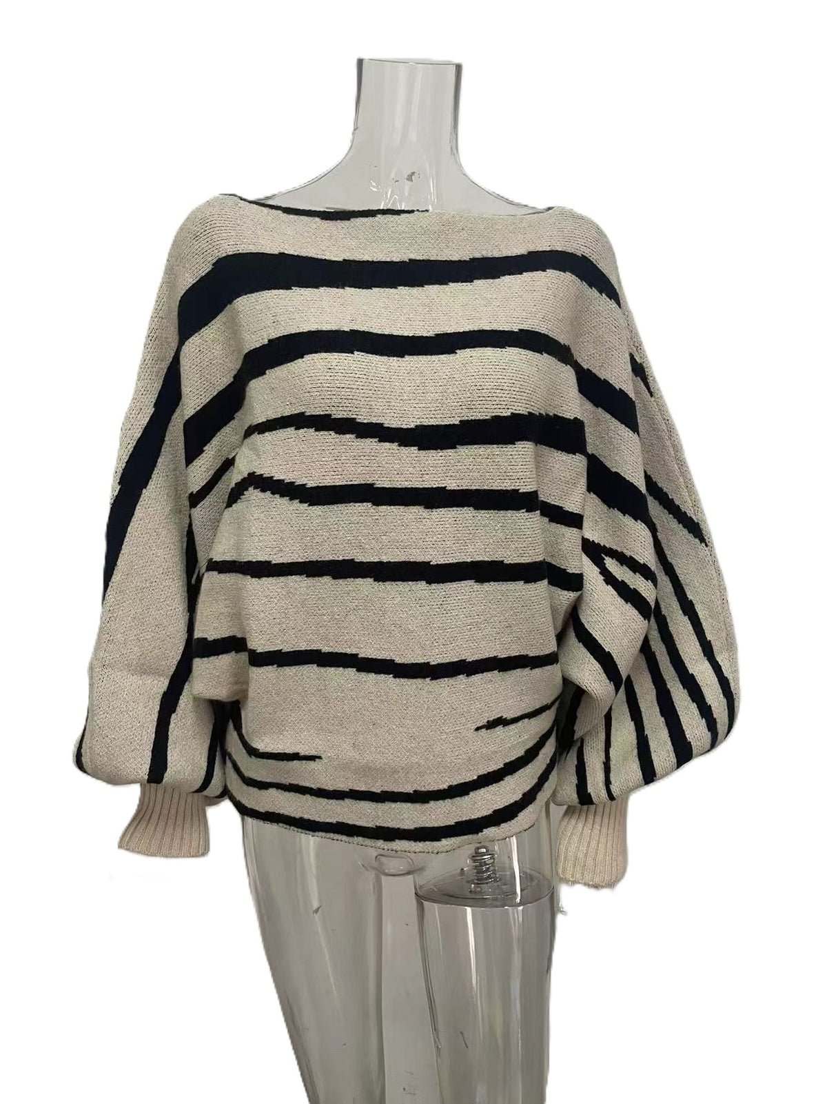 Zebra Stripe Off Shoulder Knit Sweater - Apricot