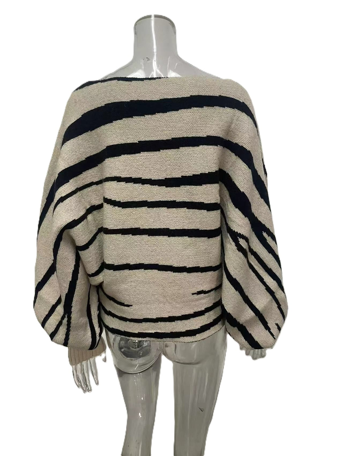 Zebra Stripe Off Shoulder Knit Sweater - Apricot - 1