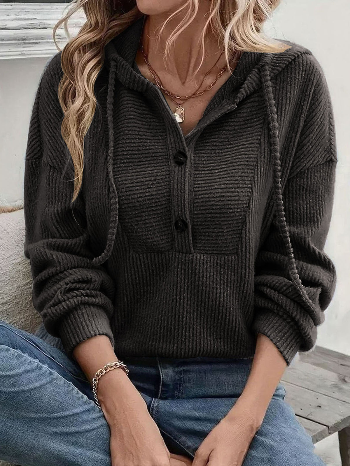 Corded Rib Henley Button Drawstring Hoodie - Black