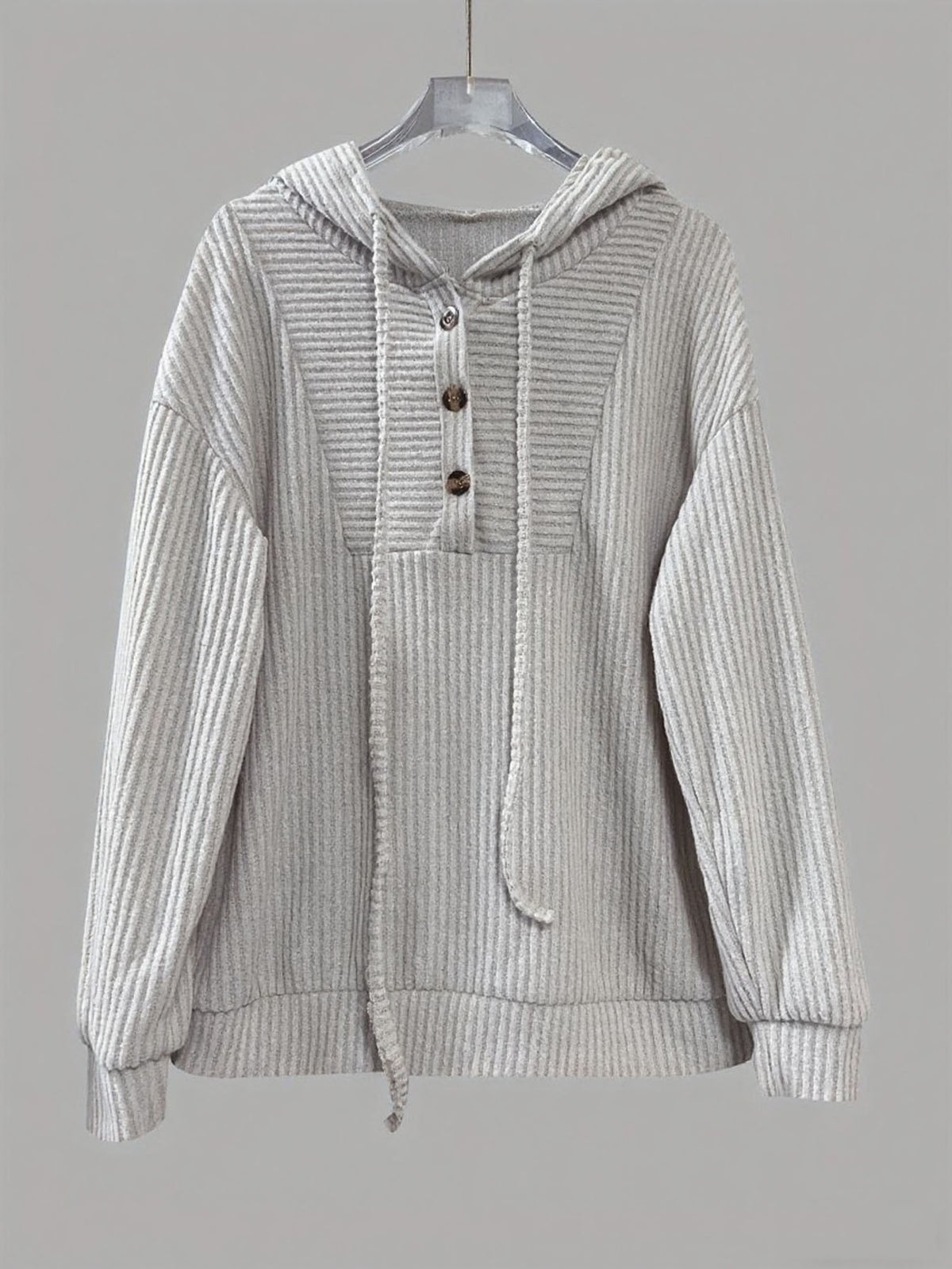 Corded Rib Henley Button Drawstring Hoodie - Grey