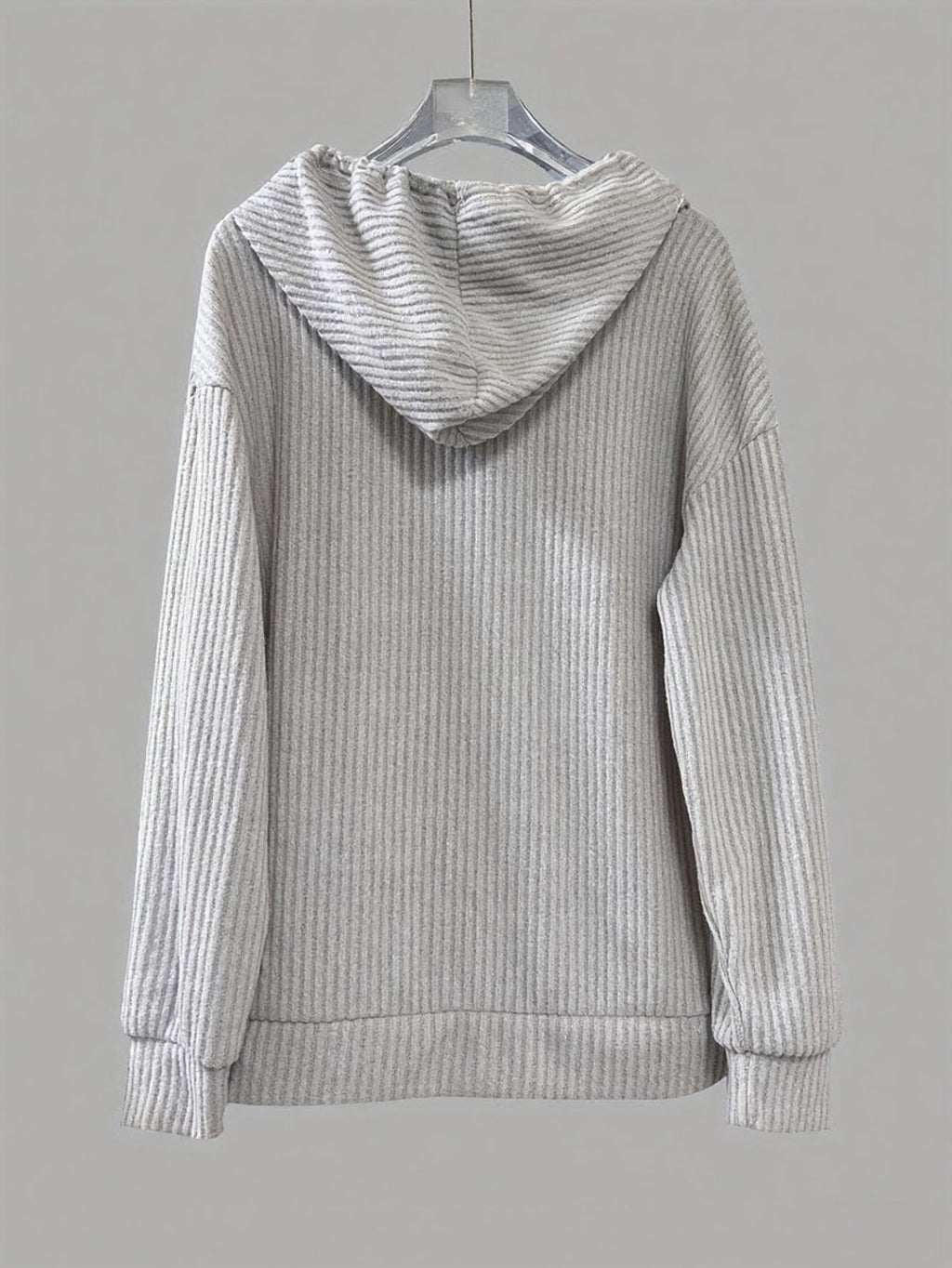 Corded Rib Henley Button Drawstring Hoodie - Grey - 1