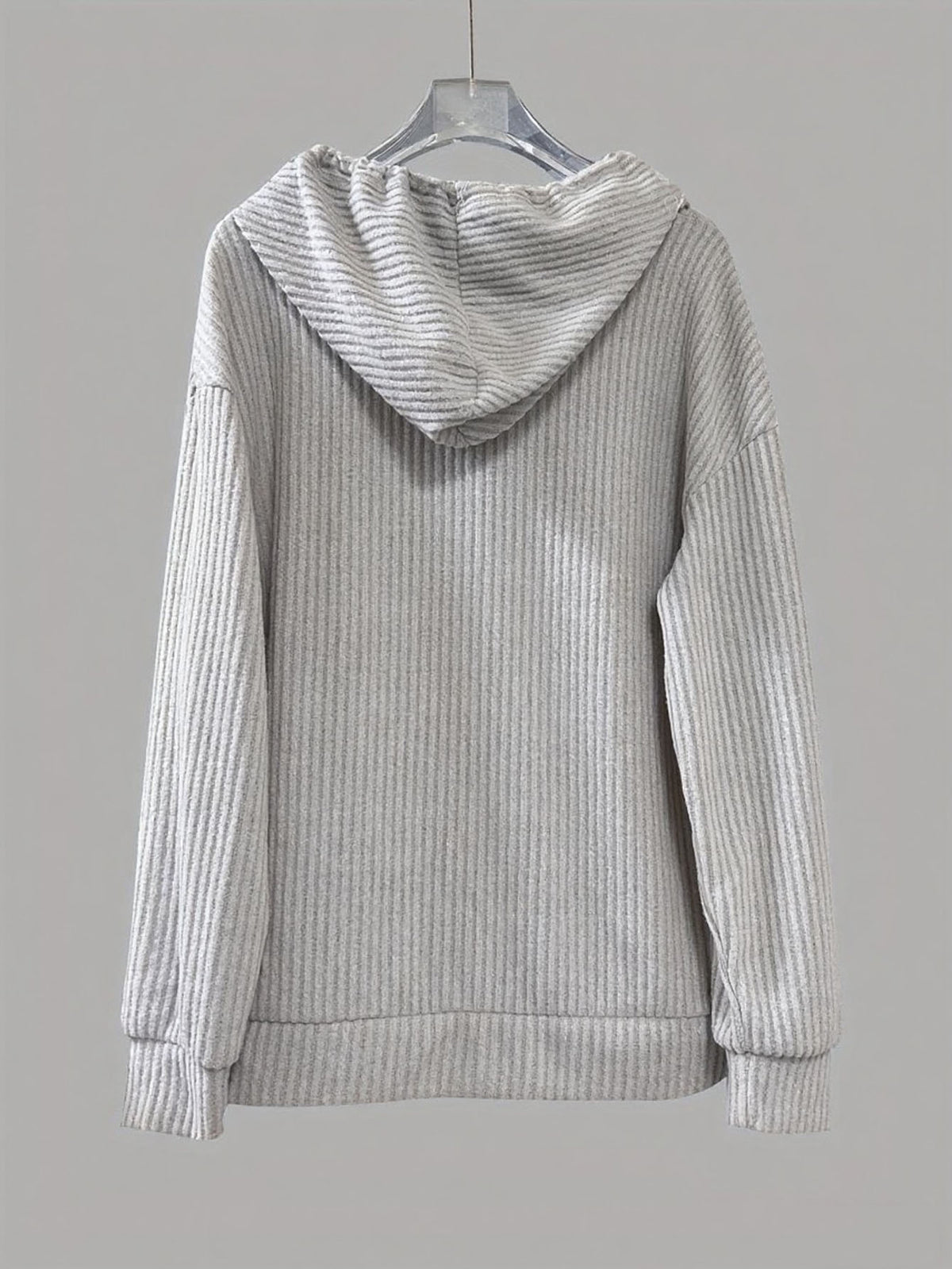 Corded Rib Henley Button Drawstring Hoodie - Grey - 1