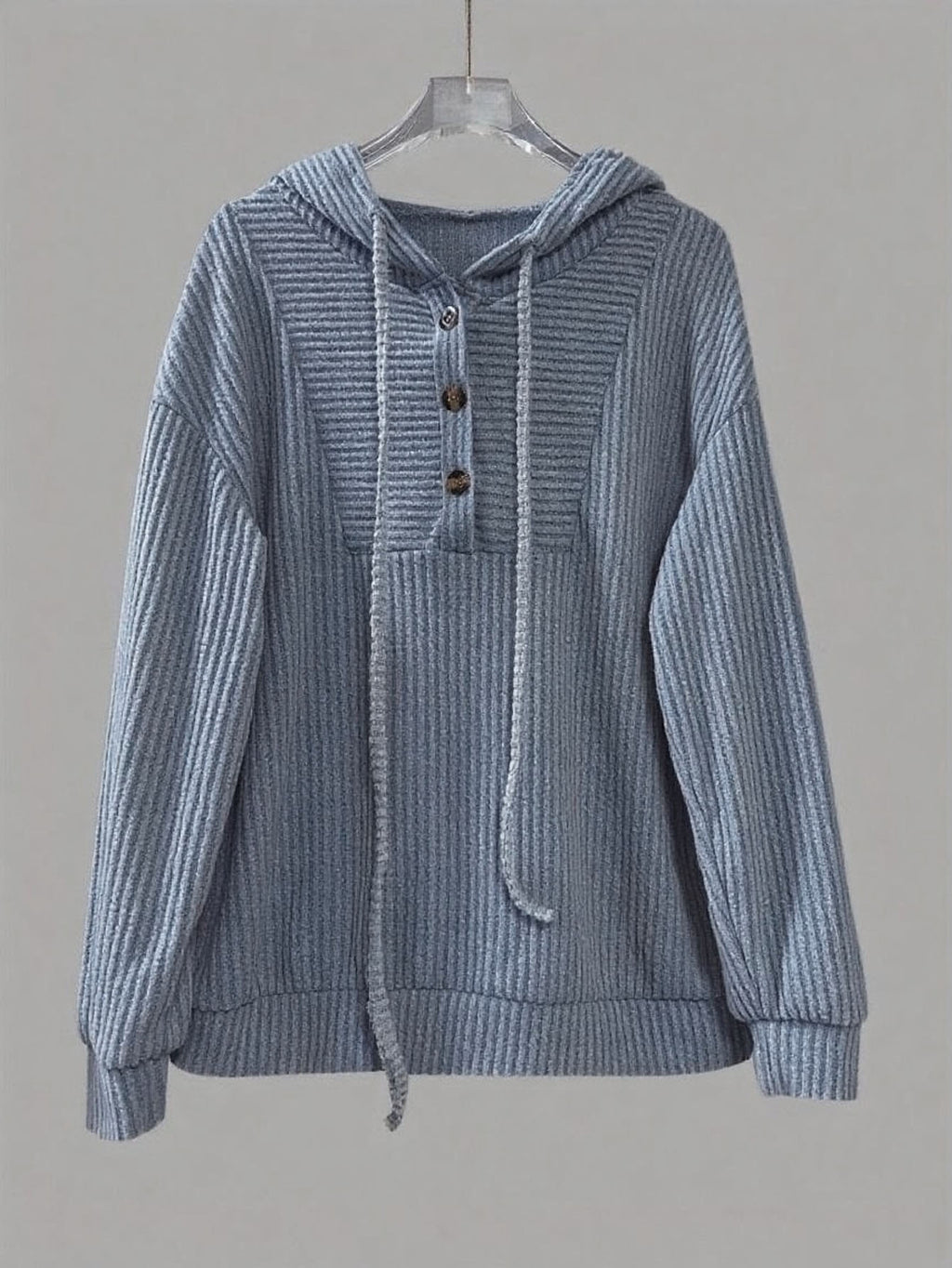 Corded Rib Henley Button Drawstring Hoodie - GreyBlue