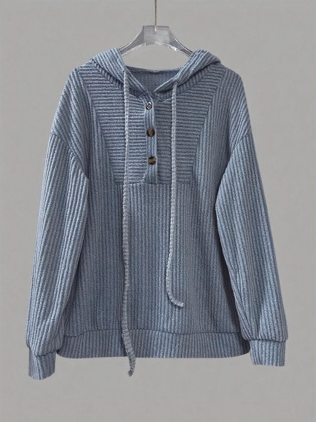 Corded Rib Henley Button Drawstring Hoodie - GreyBlue