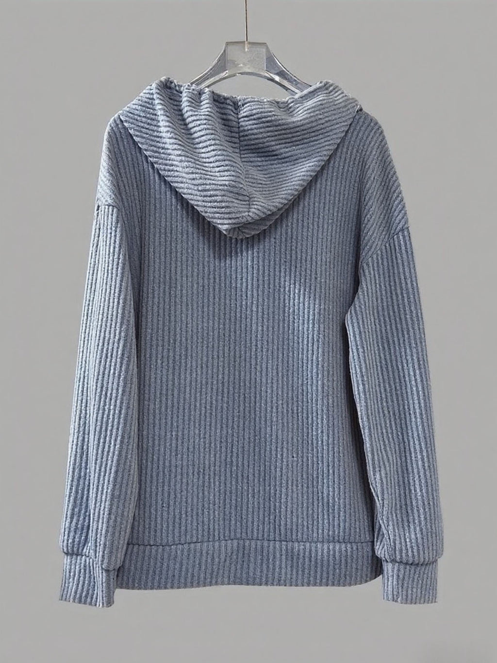 Corded Rib Henley Button Drawstring Hoodie - GreyBlue - 1