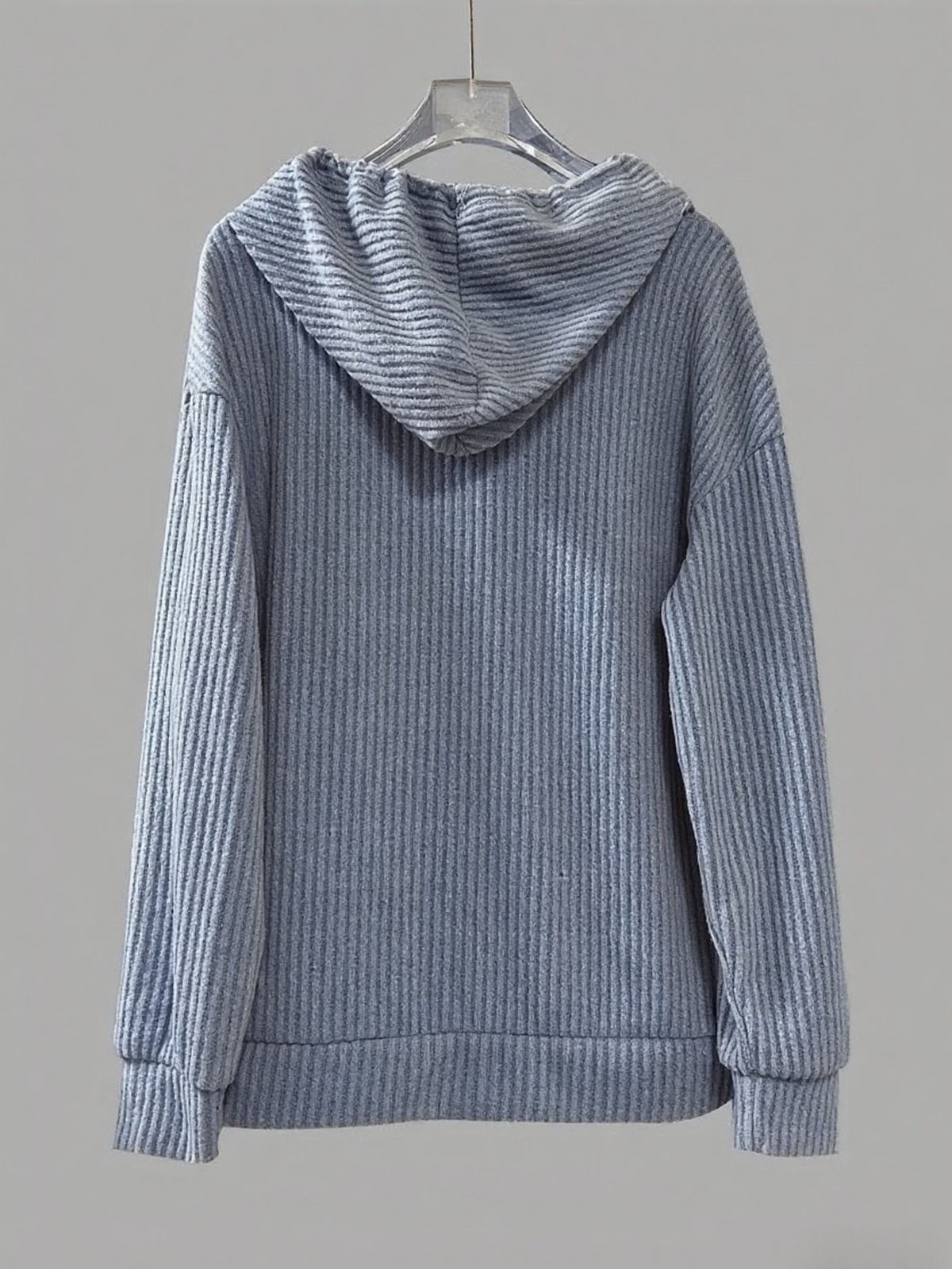Corded Rib Henley Button Drawstring Hoodie - GreyBlue - 1