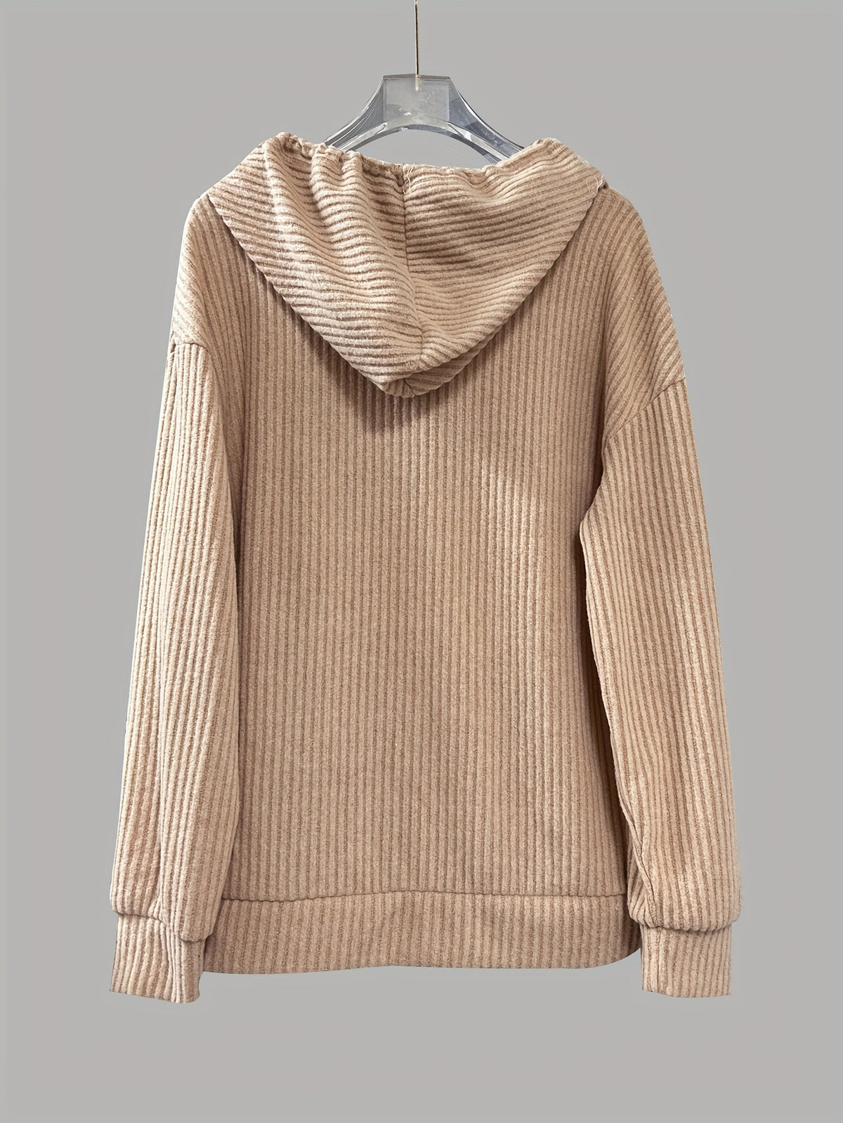 Corded Rib Henley Button Drawstring Hoodie - Khaki - 2