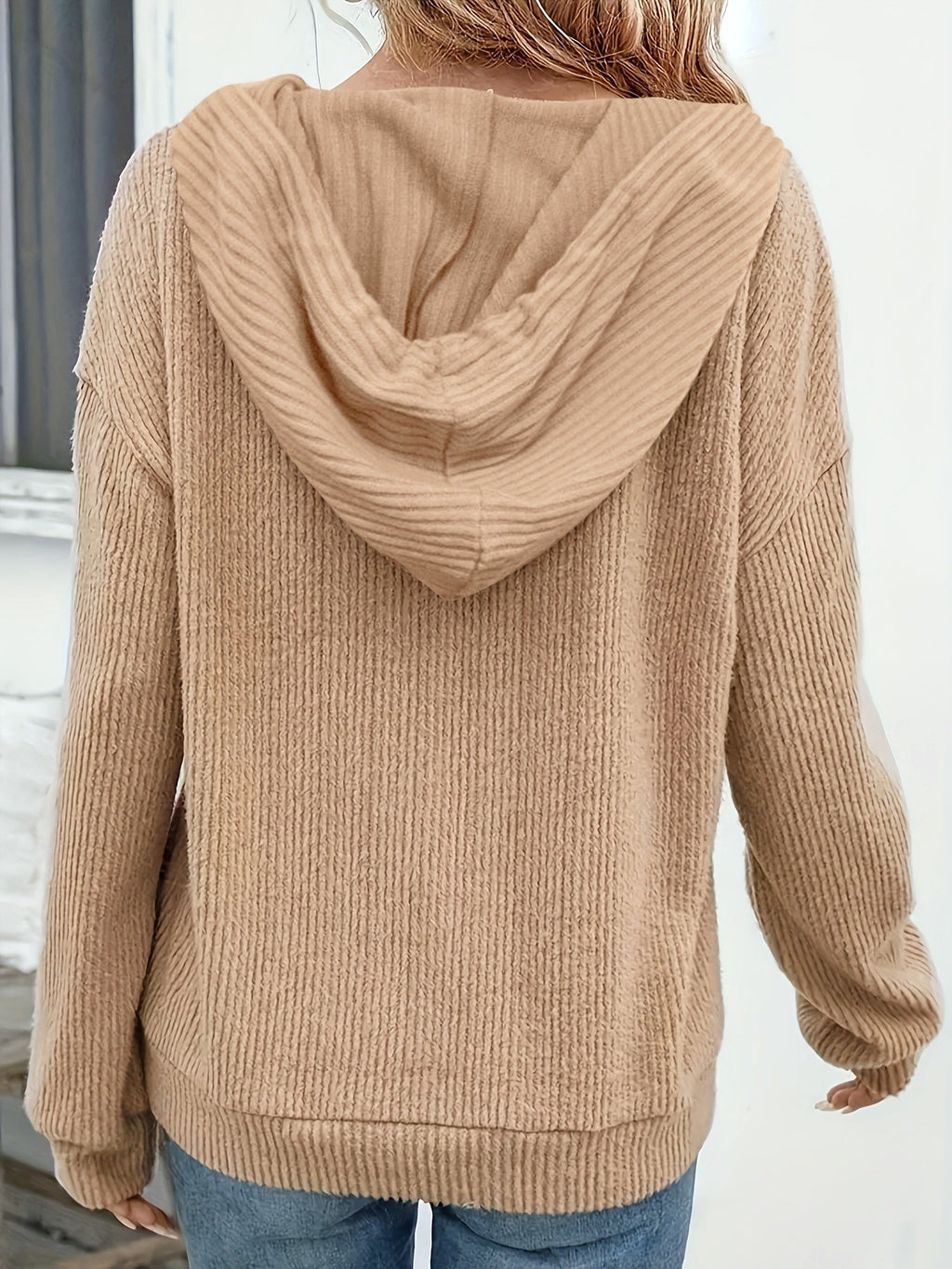 Corded Rib Henley Button Drawstring Hoodie - Khaki - 6