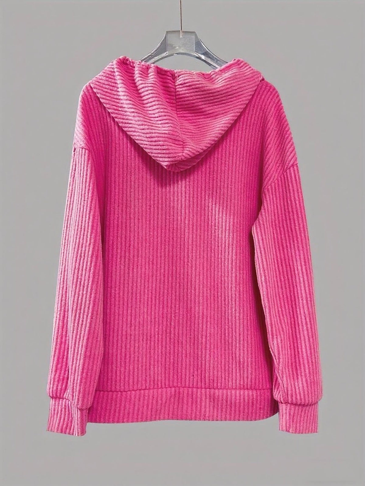 Corded Rib Henley Button Drawstring Hoodie - RoseRed - 1
