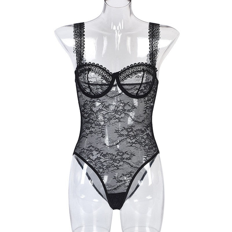 Floral Eyelash Lace Underwire High Cut Bodysuit