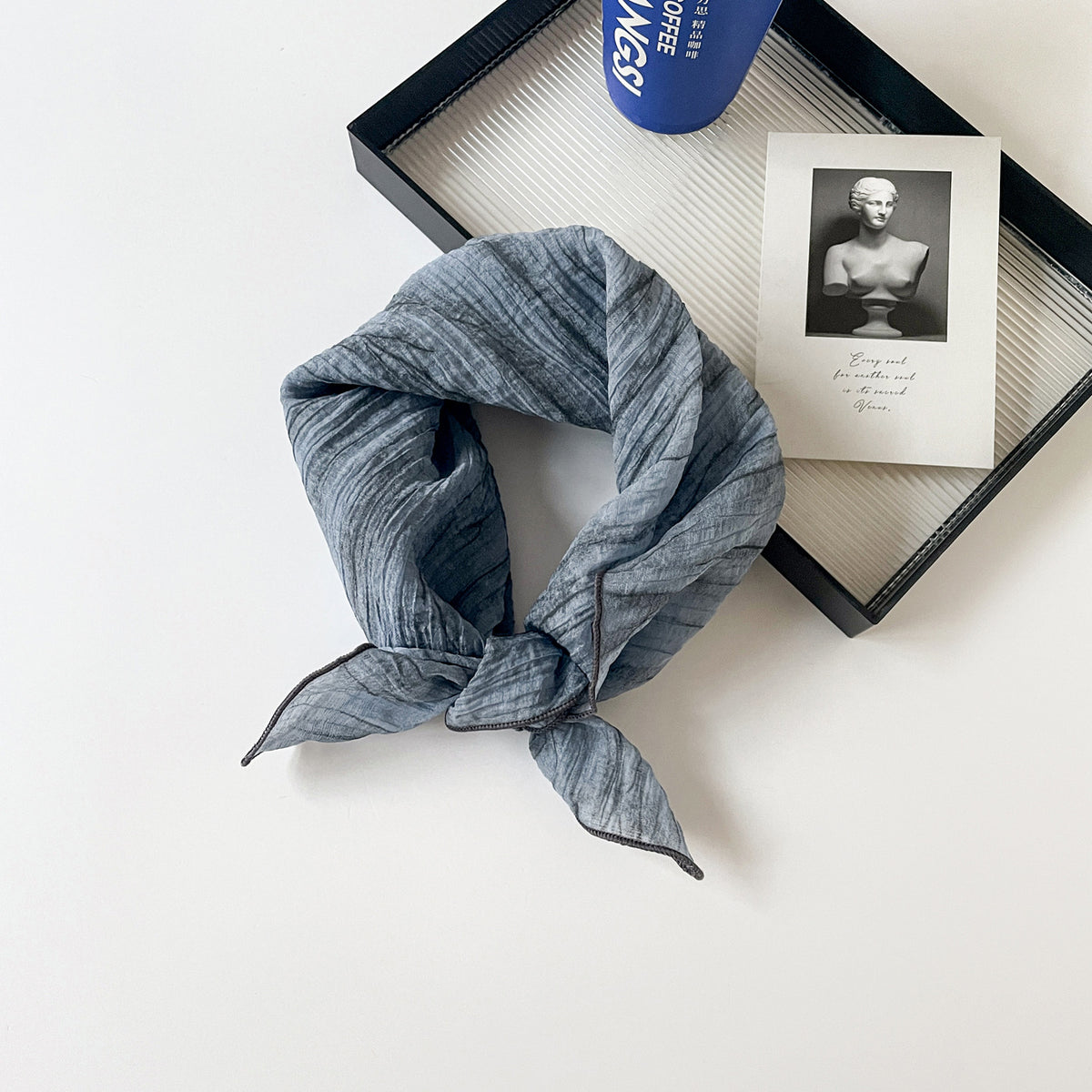 Crinkle Texture Painterly Square Scarf - Blue