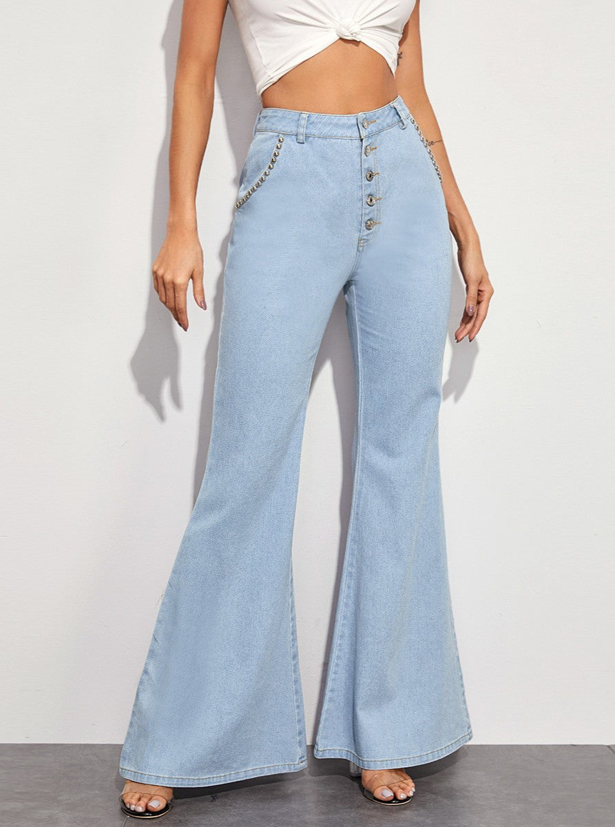 Button Fly High Waist Flared Jeans - Blue - 1