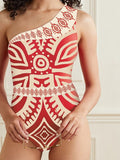 Geometric Print One Shoulder Swimsuit And Pants - Red