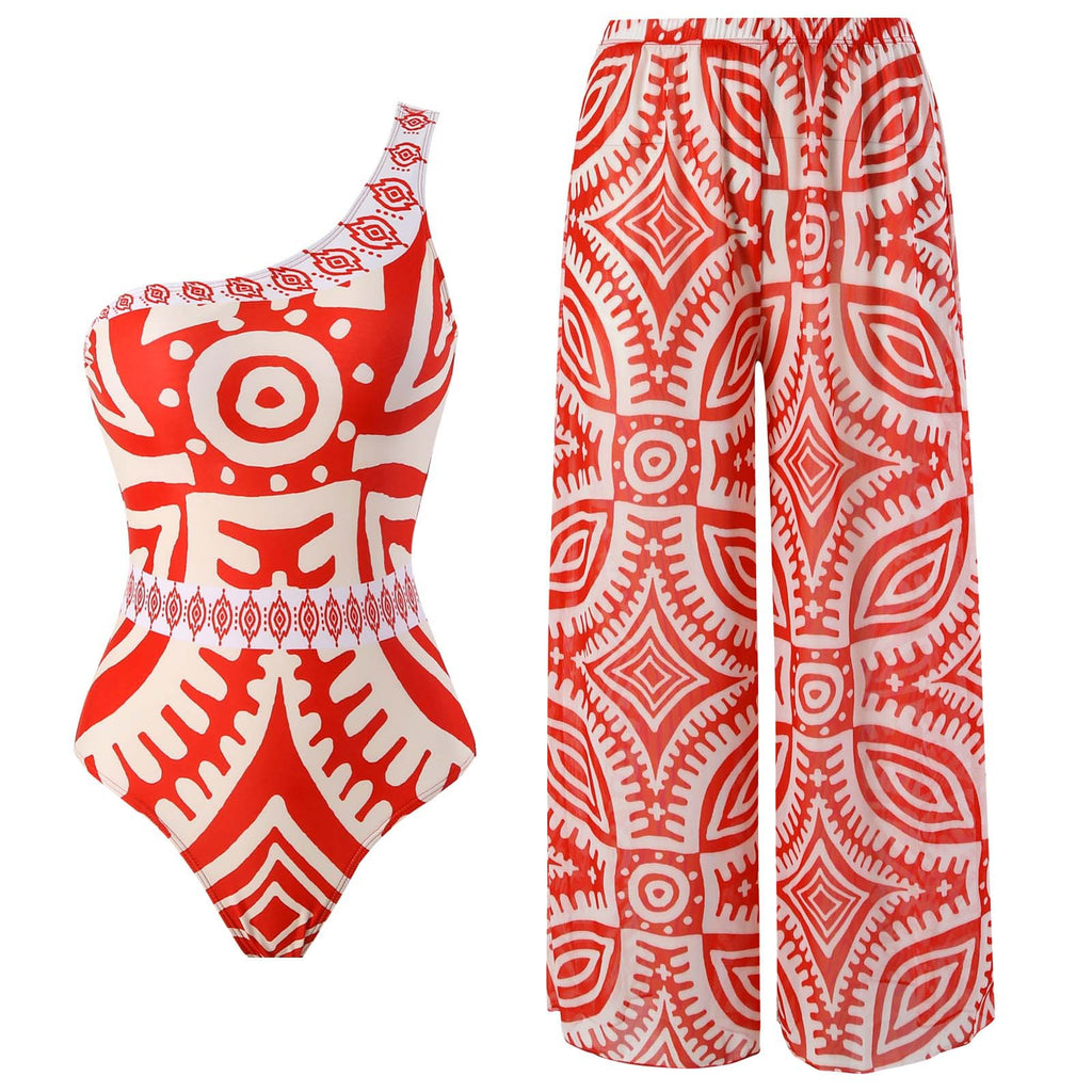 Geometric Print One Shoulder Swimsuit And Pants - Red - 1