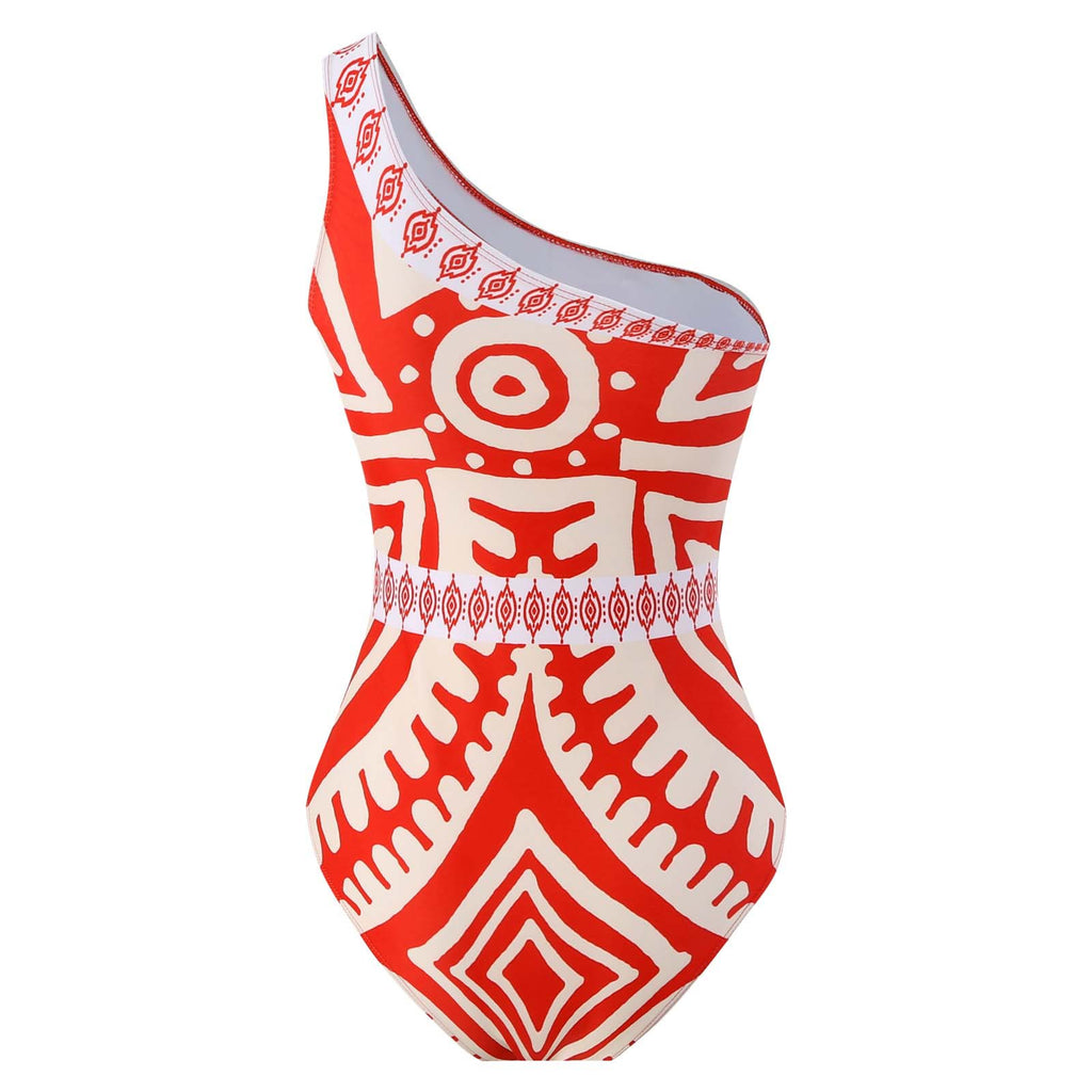 Geometric Print One Shoulder Swimsuit And Pants - Red - 3