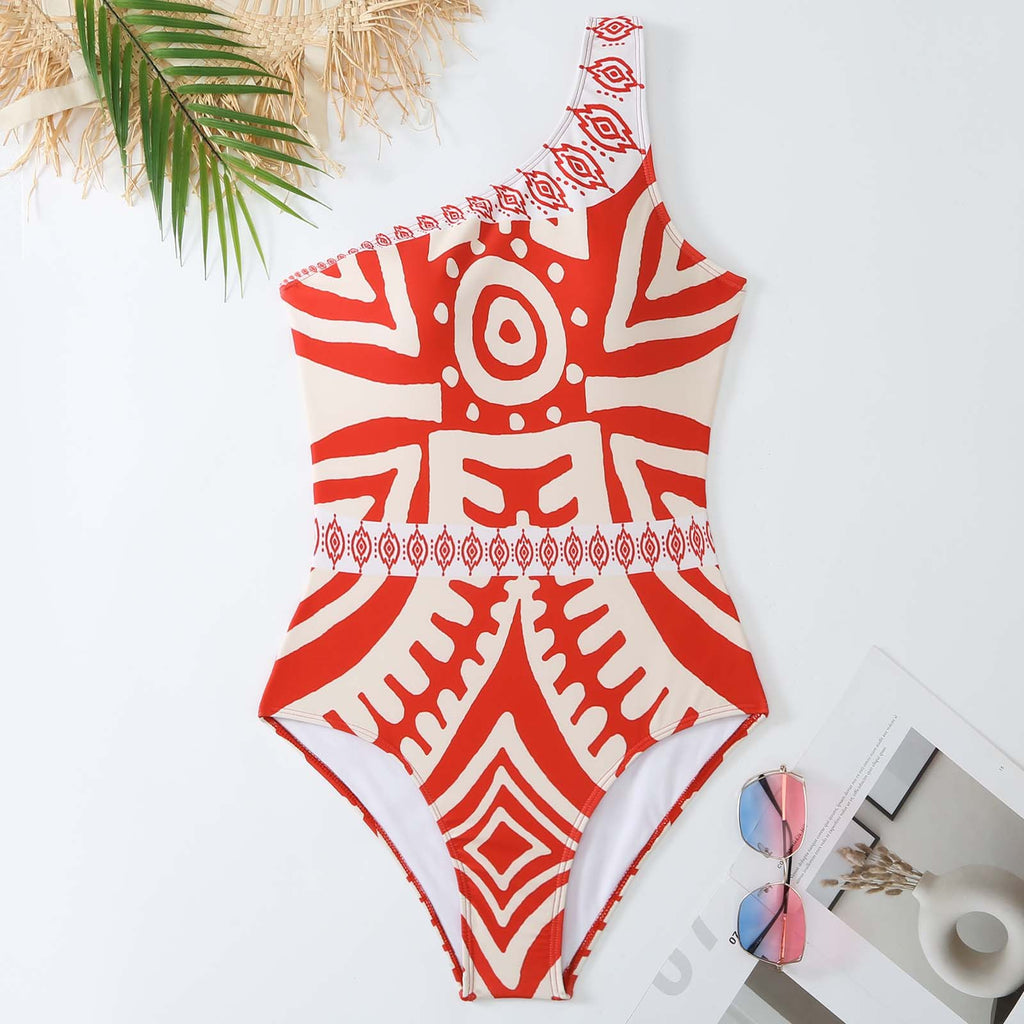 Geometric Print One Shoulder Swimsuit And Pants - Red - 5