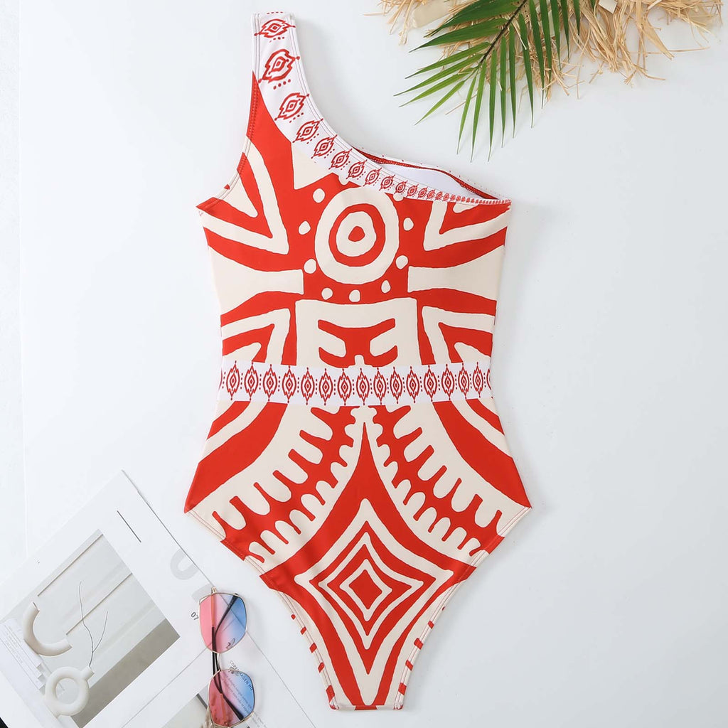 Geometric Print One Shoulder Swimsuit And Pants - Red - 6