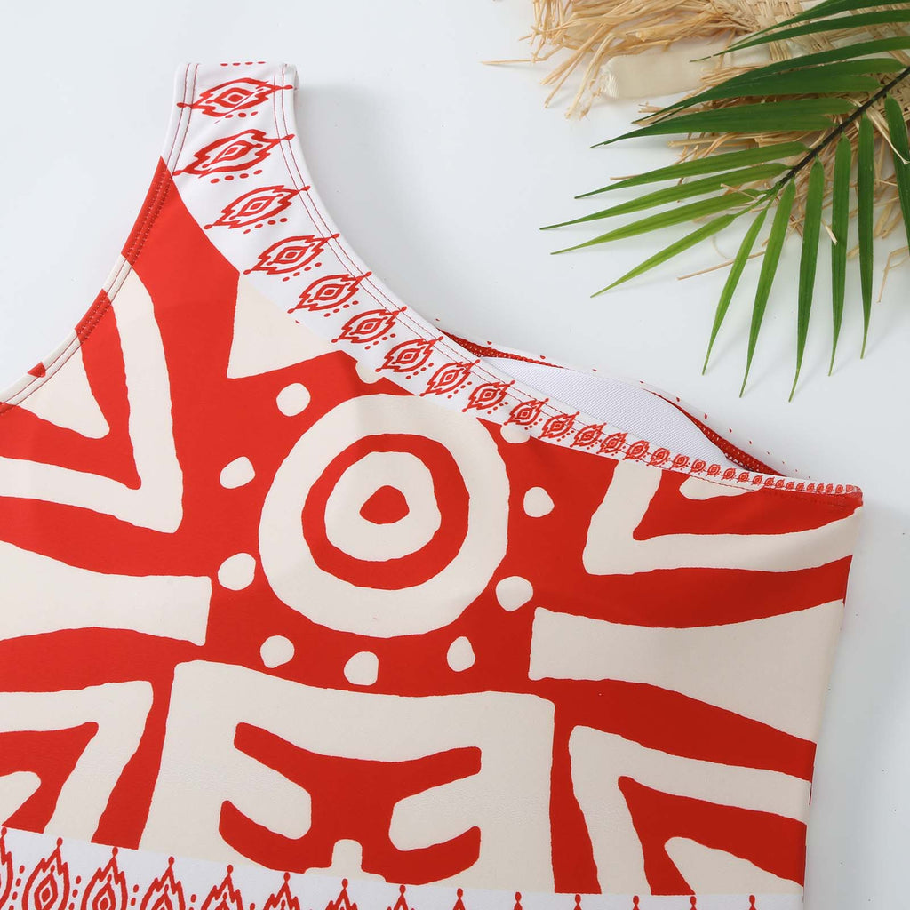 Geometric Print One Shoulder Swimsuit And Pants - Red - 7