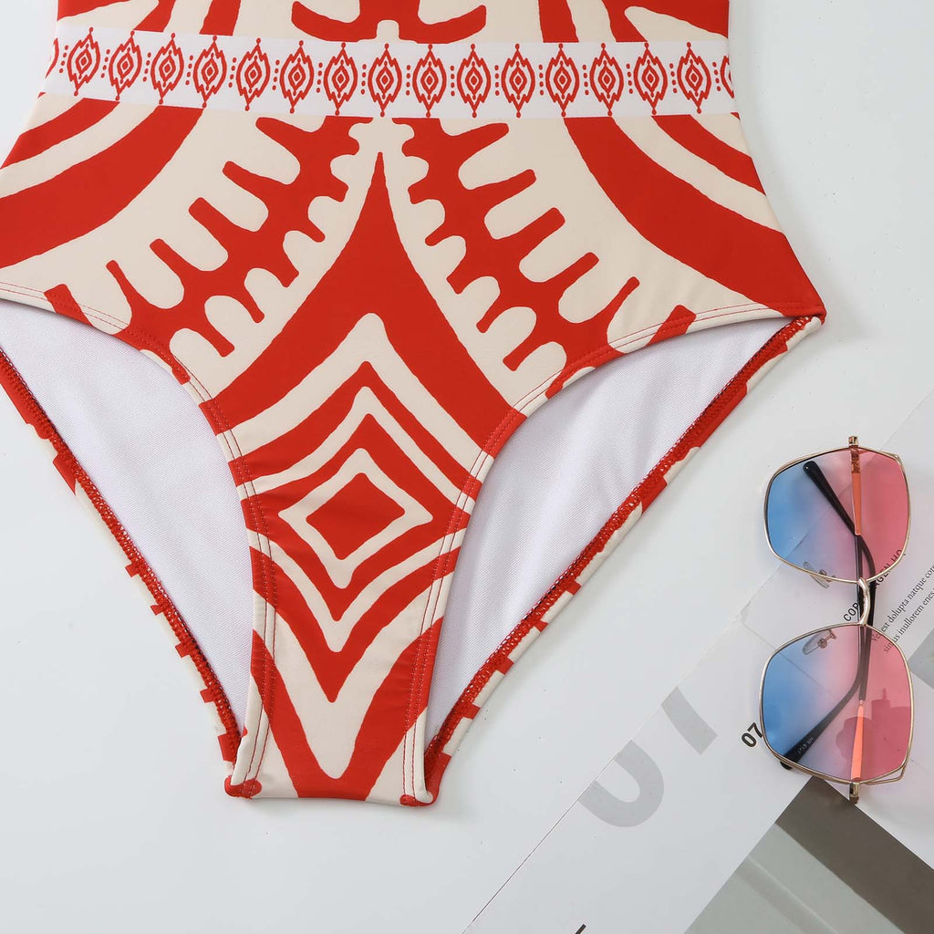 Geometric Print One Shoulder Swimsuit And Pants - Red - 9