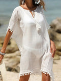 Pom Pom Trim Kaftan Beach Cover Up - White